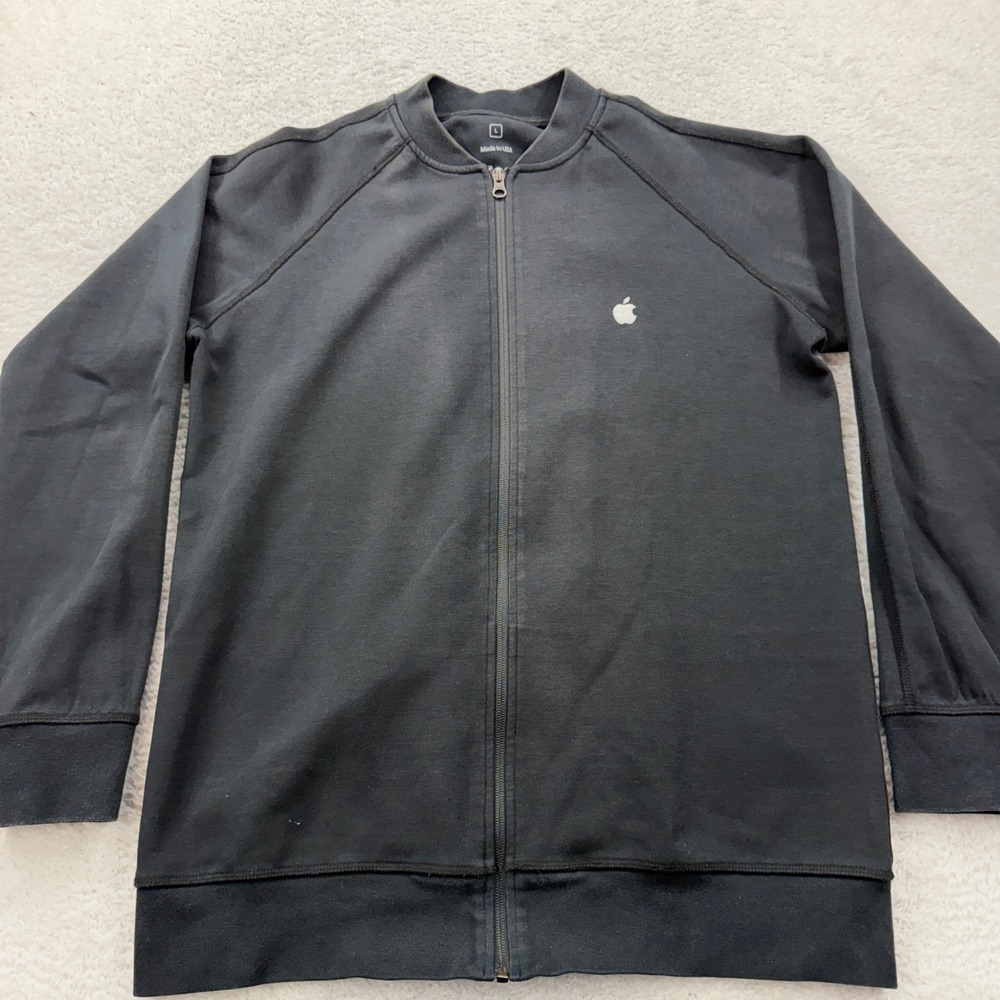 Apple Logo Bomber Jacket Mens Size L Black Full Zip Made‎ in USA